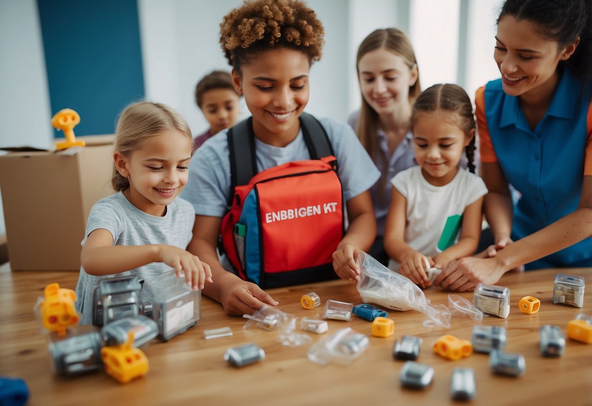 Children gather emergency supplies, practice evacuation routes, and learn safety procedures with parents. They create a family emergency plan and assemble a disaster kit