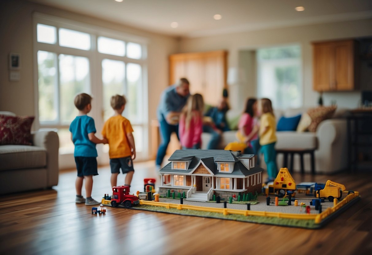 A family home with clear evacuation routes marked, emergency supplies organized, and children practicing drills