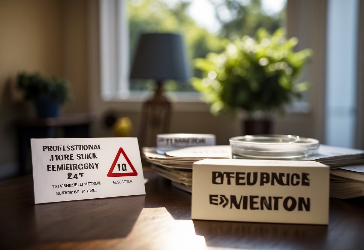 A family home with a visible meeting spot sign outside, surrounded by emergency supplies and a clear evacuation plan