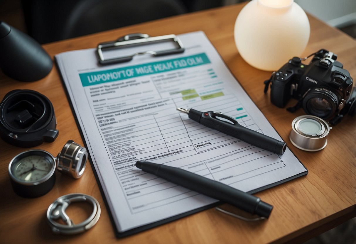 A checklist on a table with items like flashlights, first aid kit, emergency contact list, and a map. A family photo and a pet bowl are nearby