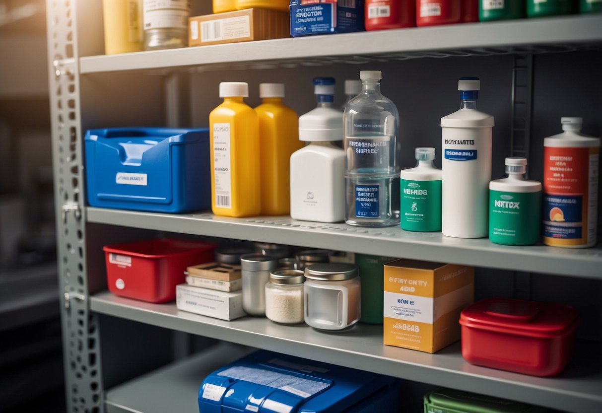 A neatly organized shelf with labeled emergency supplies, including first aid kit, flashlight, batteries, water, and non-perishable food items