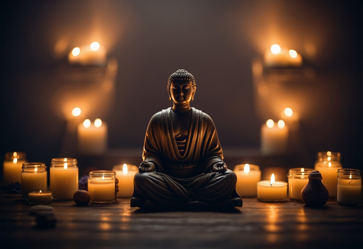 A serene figure sits cross-legged, surrounded by calming elements like candles and incense. They are practicing deep breathing exercises, with a sense of peace and tranquility emanating from their posture