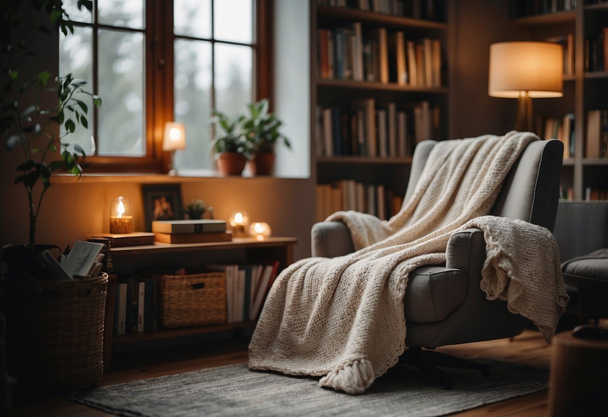 A cozy room with soft lighting, comfortable seating, and soothing decor. A bookshelf filled with calming literature, a warm blanket draped over a chair, and a serene atmosphere