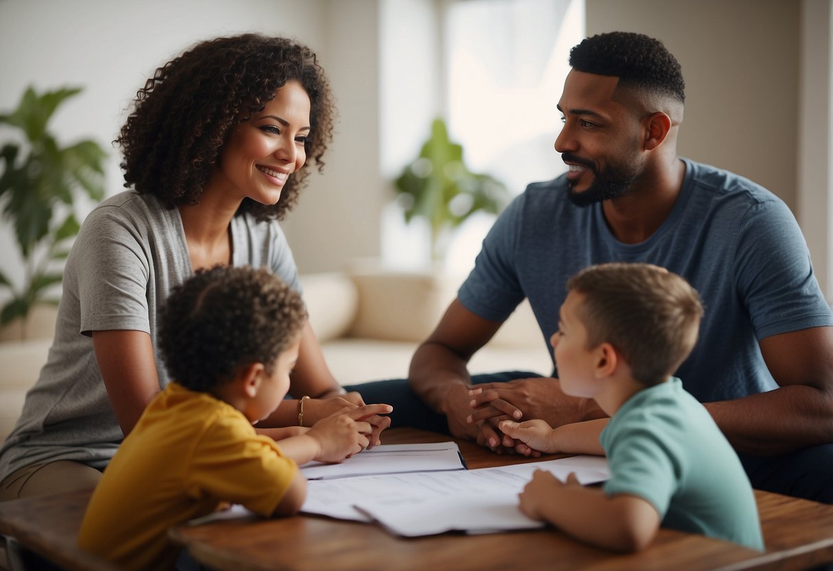 A family huddles together, calmly discussing a plan. One member speaks while others listen attentively. A sense of unity and support is evident in their body language