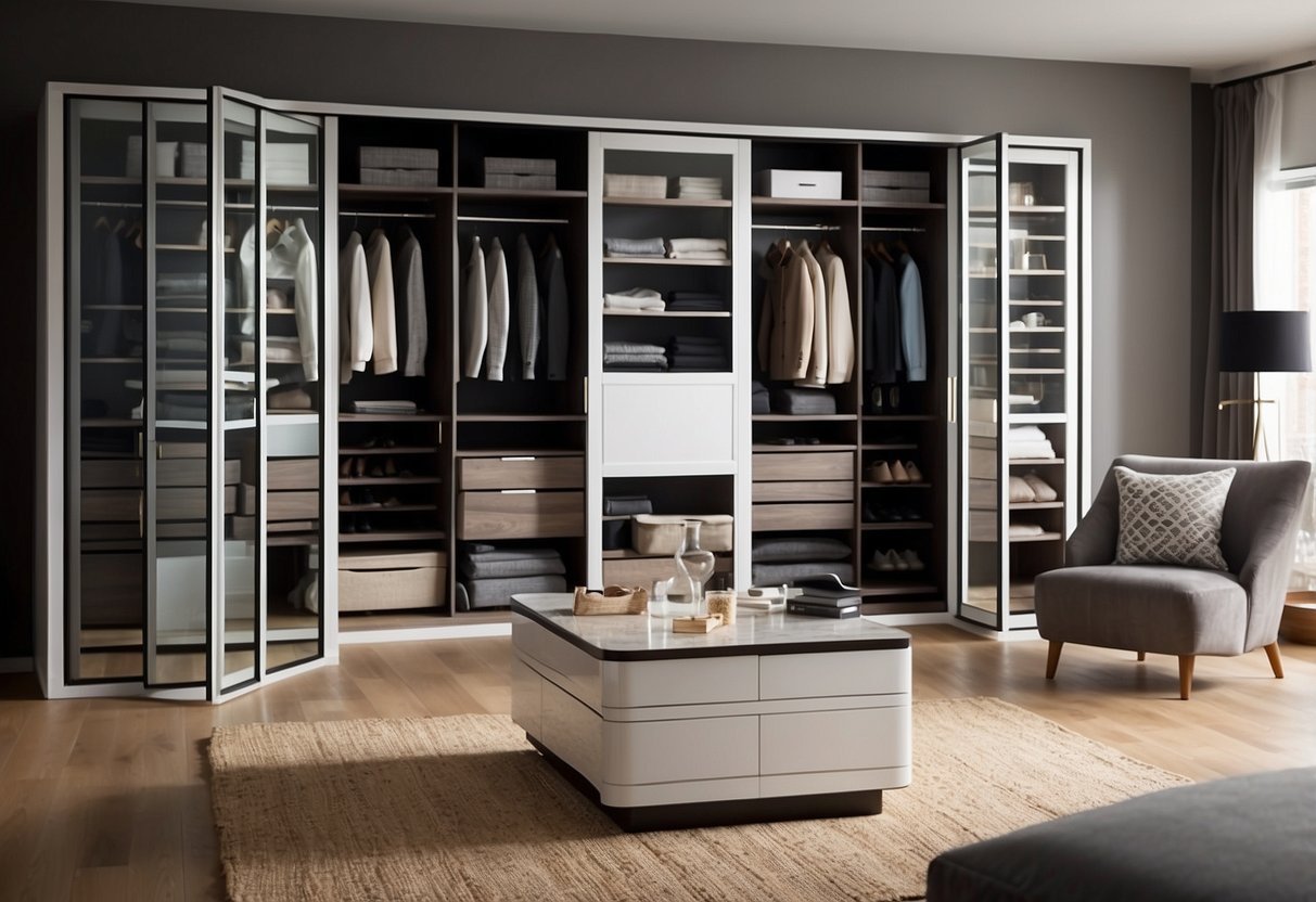 A small room with 10 closet ideas: sliding doors, built-in shelves, hanging organizers, pull-out drawers, shoe racks, adjustable rods, mirrored panels, folding doors, open cubbies, and hidden compartments