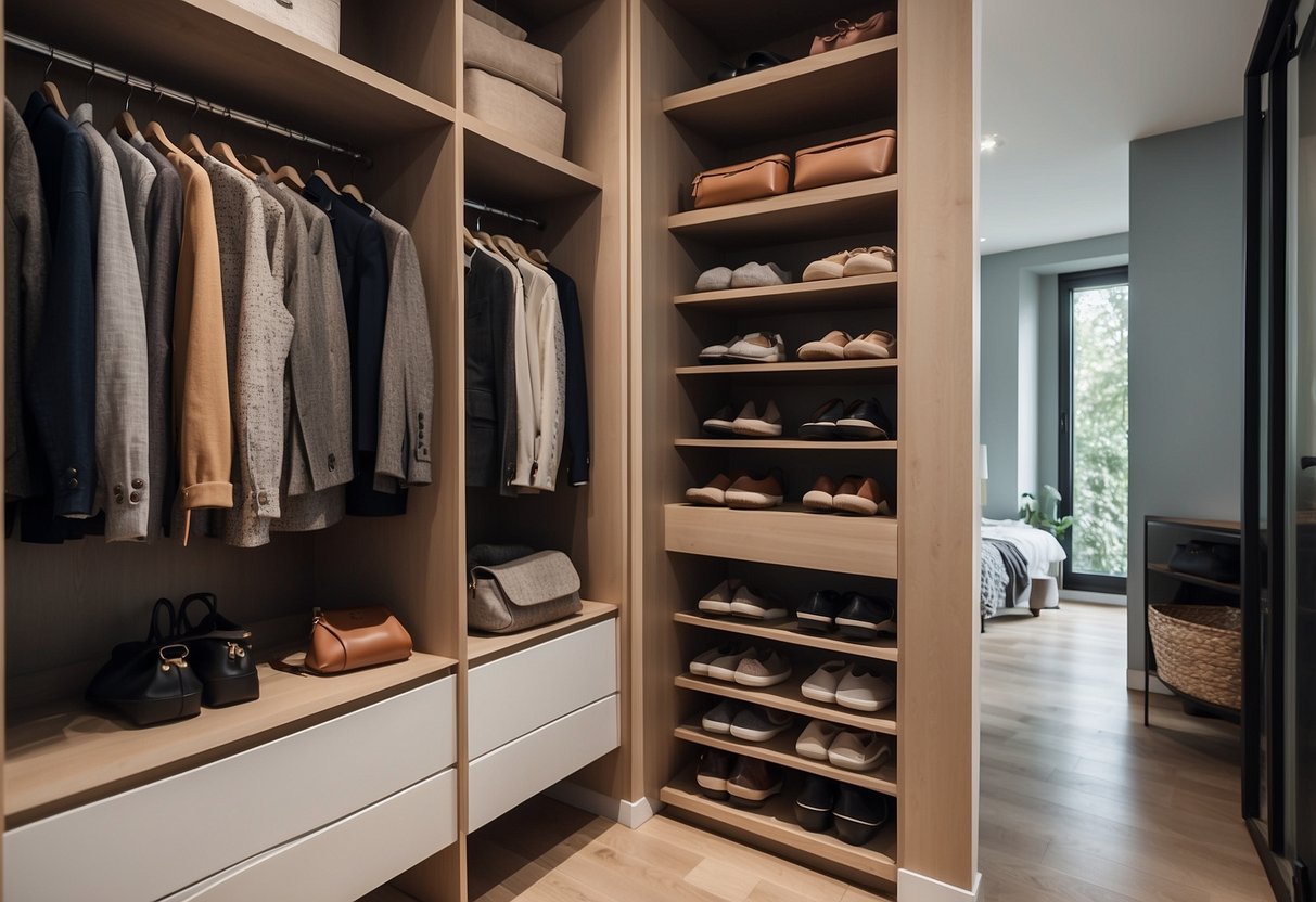 A small closet with shelf dividers, maximizing space. Clothes neatly organized. Minimalist design with efficient use of storage