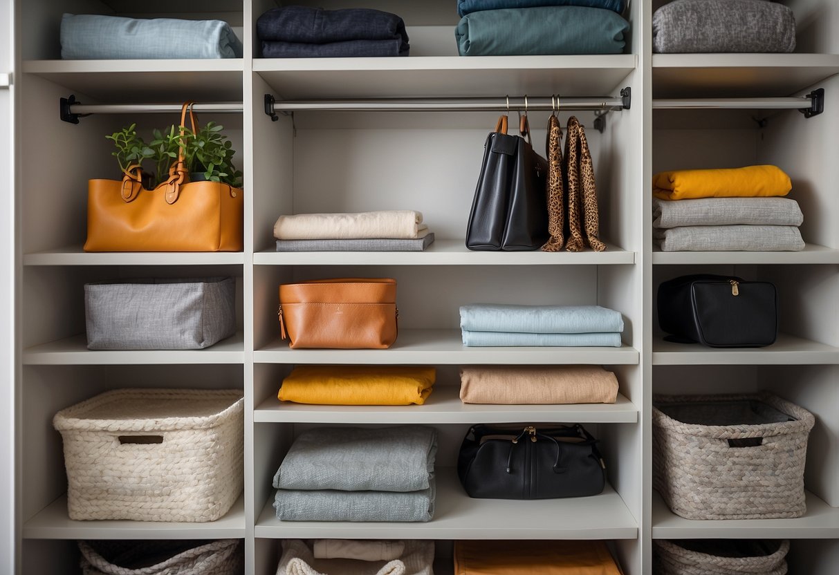 A small closet with a hanging shelf organizer, filled with neatly arranged items to maximize space