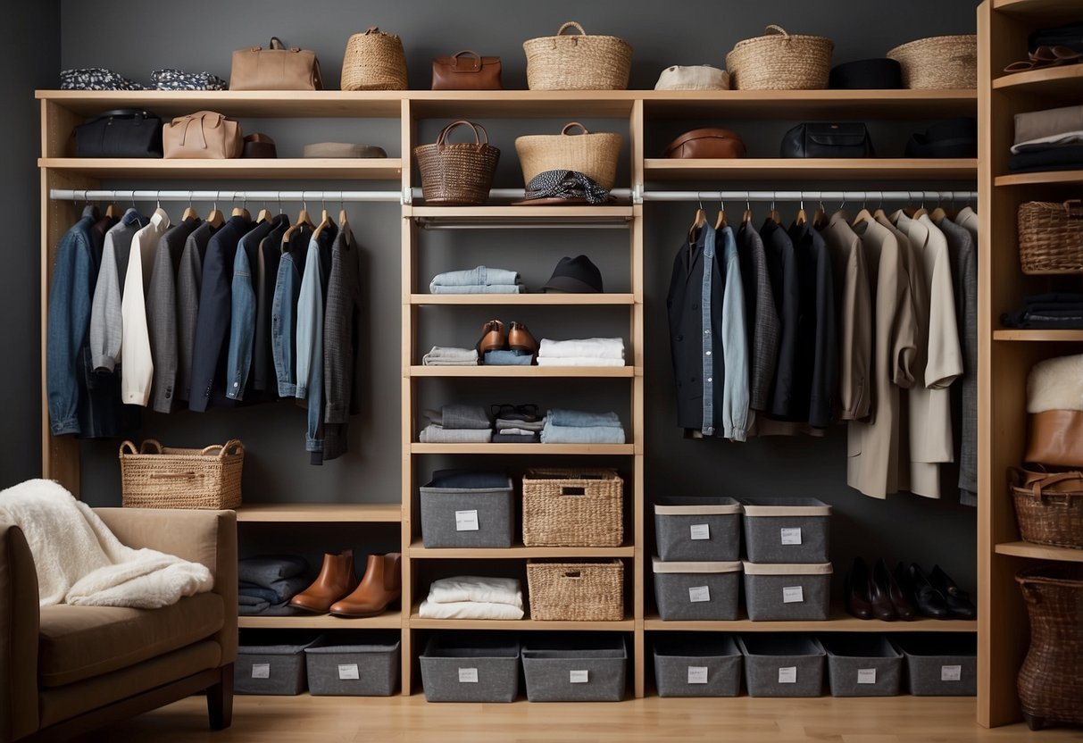 Closet shelves neatly stacked with folded clothes, hanging organizers for shoes and accessories, labeled bins for storage, and a color-coordinated arrangement of clothing items