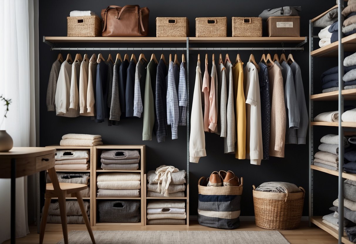 A neatly organized closet with labeled storage bins, hanging racks, and shelves filled with folded clothes and accessories