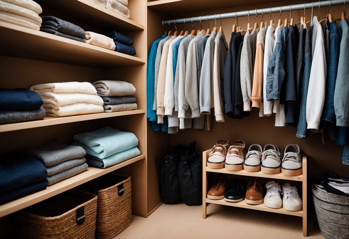 A closet with shelves and hangers filled with seasonal clothing items arranged neatly and labeled for easy access