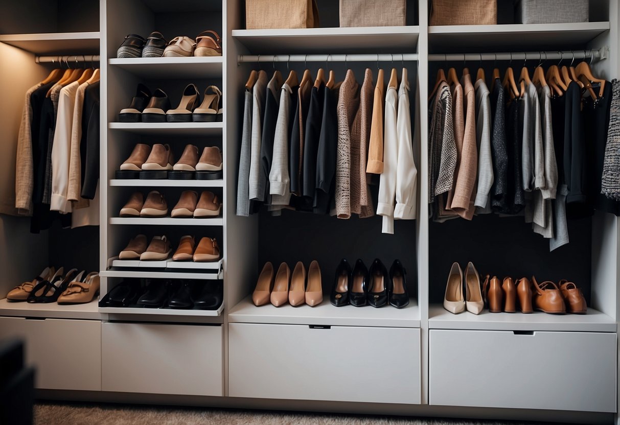 A closet with neatly arranged clothing, shoes, and accessories grouped together by color. Labels and storage bins help keep everything organized and easily accessible