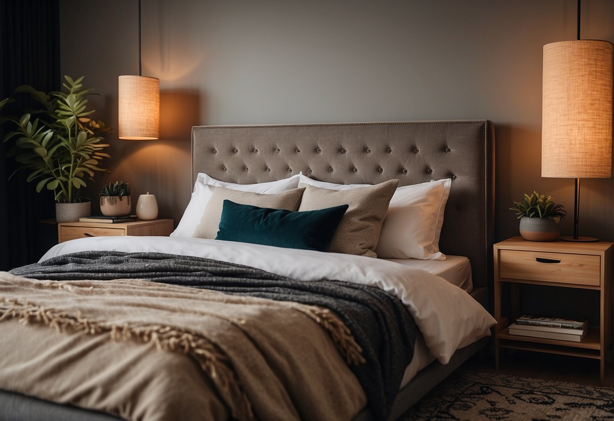 A cozy bedroom with warm lighting, a plush bed with decorative pillows, a stylish area rug, wall art, potted plants, a sleek nightstand, and a statement headboard