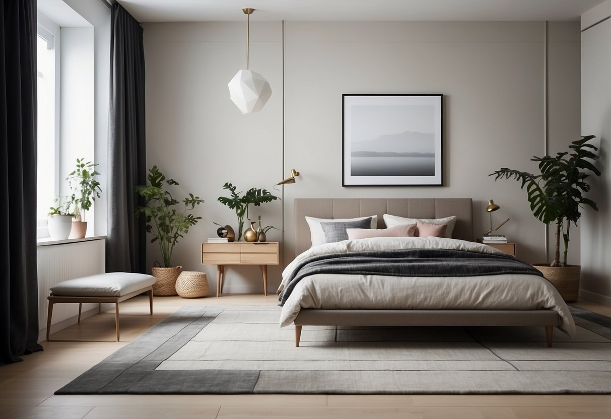 A modern bedroom with a large geometric area rug as the focal point, surrounded by minimalist furniture and neutral tones