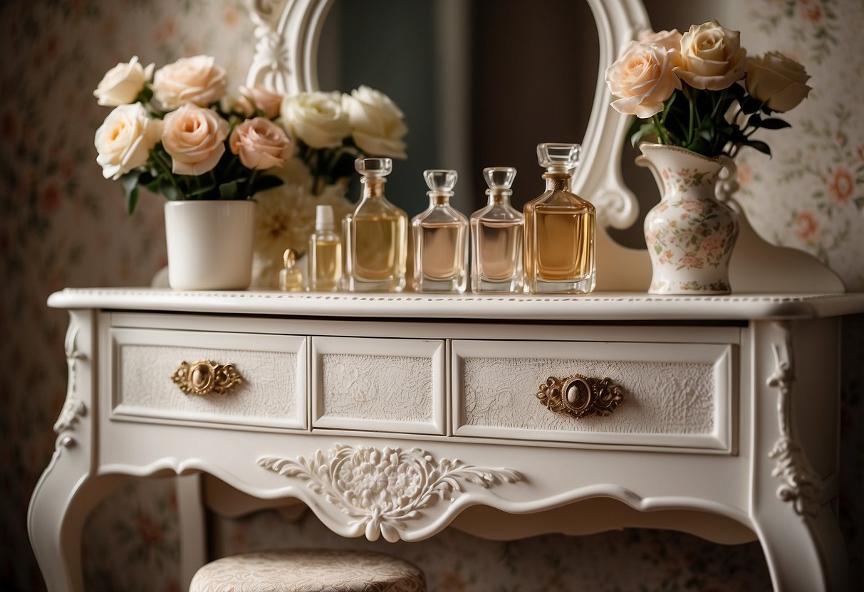 A vintage dresser sits against a floral wallpaper, adorned with a lace doily and antique perfume bottles. A mirror reflects the elegant, feminine decor