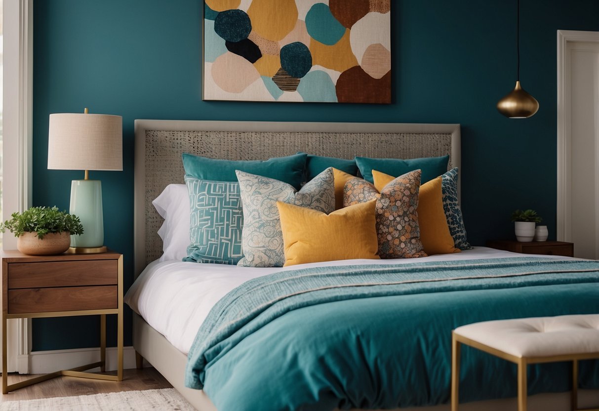 A bedroom with a mix of vibrant and calming colors, accented with bold patterns and textures. A variety of decorative elements, such as throw pillows and artwork, add visual interest and balance to the space