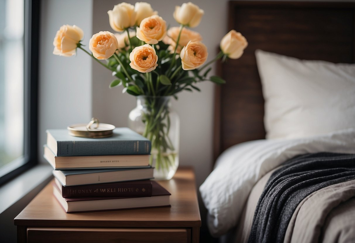 A cozy bedroom with a plush throw blanket draped over the foot of the bed, a stack of books on the nightstand, and a vase of fresh flowers on the dresser