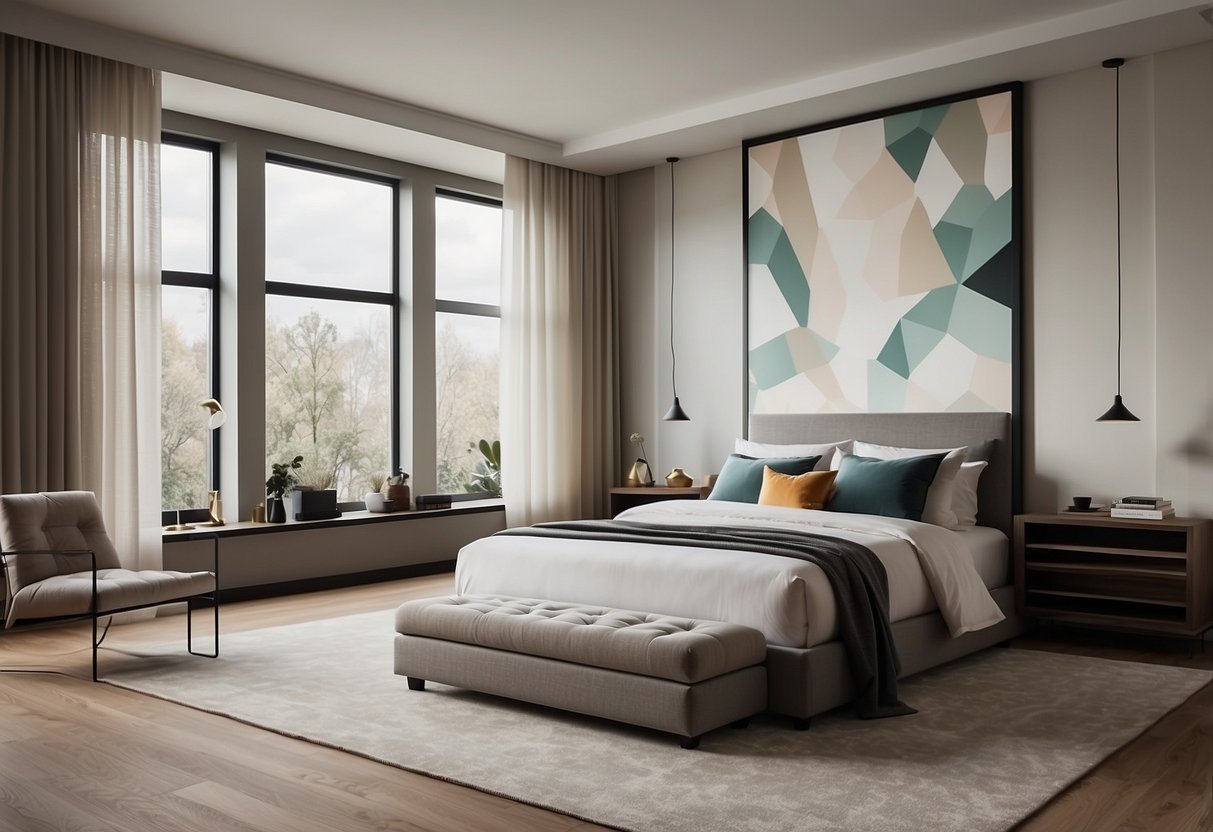 A sleek, minimalist bedroom with a platform bed, geometric wall art, and a large window with sheer curtains. A neutral color palette with pops of bold accent colors