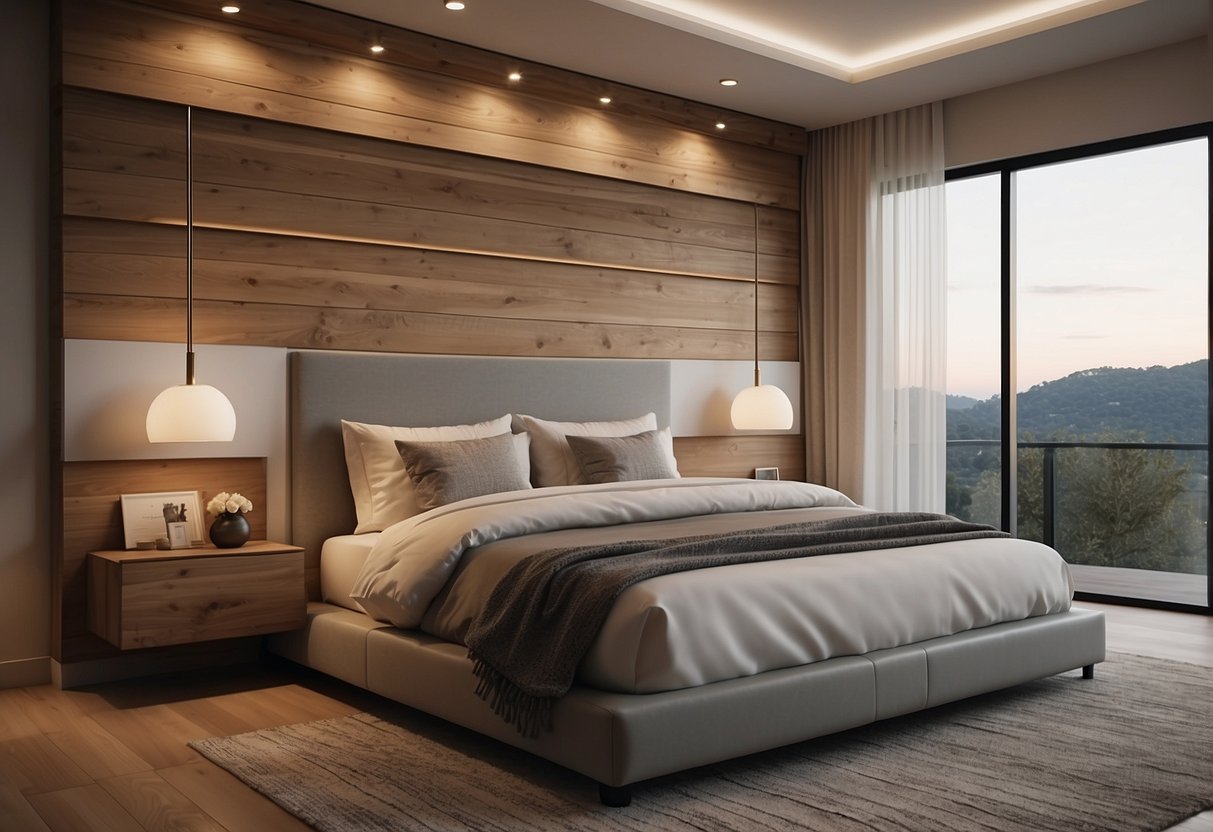 A serene bedroom with natural wood headboards, clean lines, and minimalist decor. Soft lighting adds a cozy ambiance to the modern space