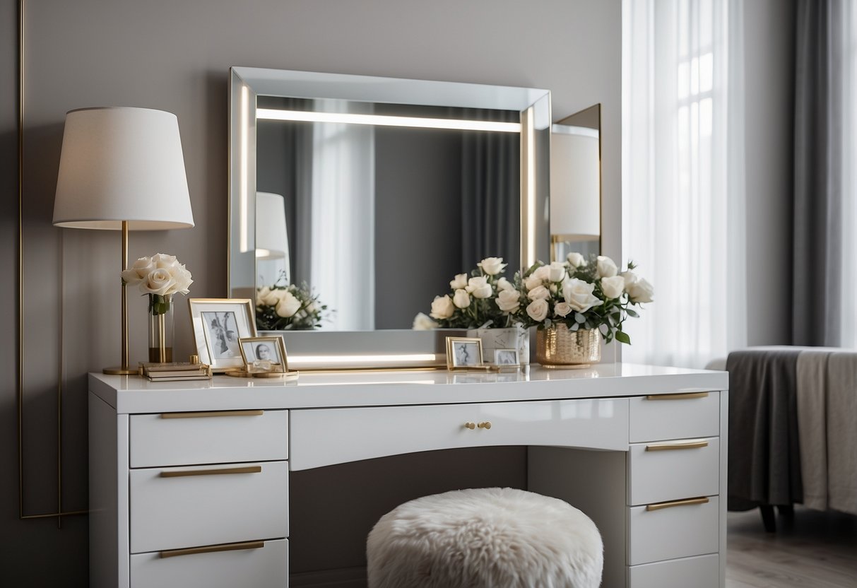 A sleek, white dressing table with clean lines and minimalistic decor. A modern bedroom with neutral tones and simple, elegant design