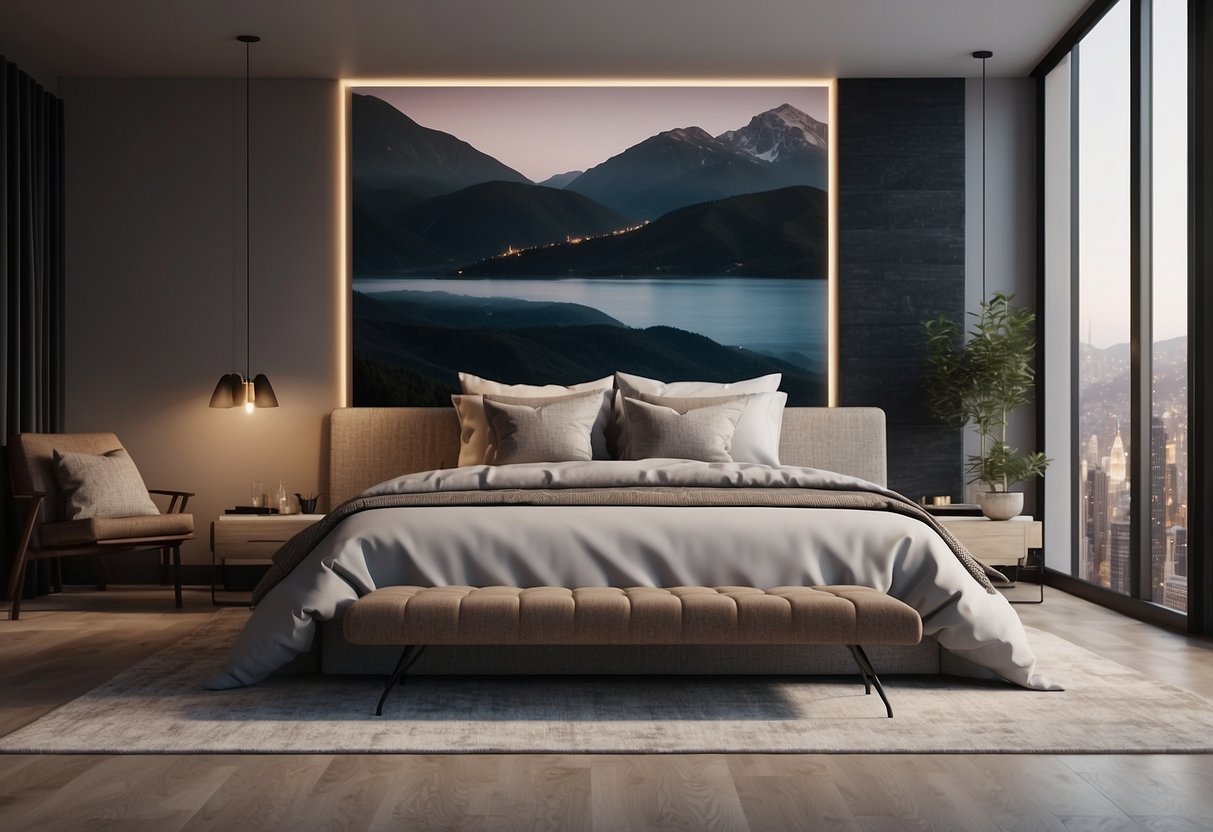 A modern bedroom with bold statement wall art and minimalist decor