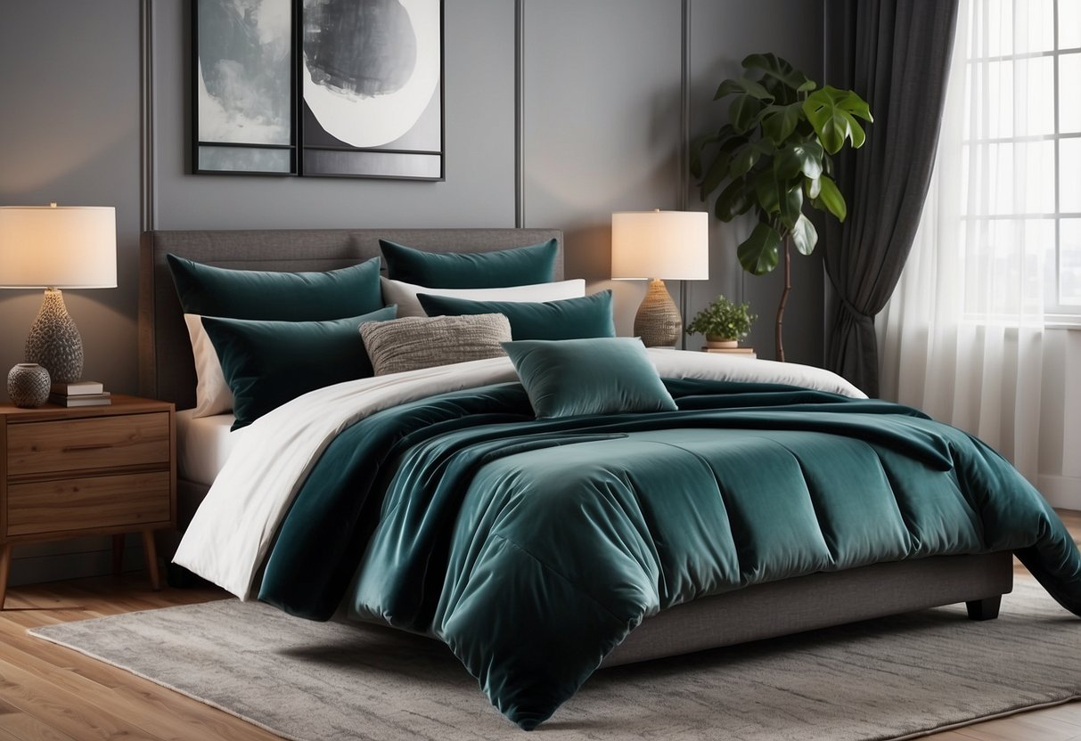 A bed with 10 velvet throw pillows in a modern bedroom setting