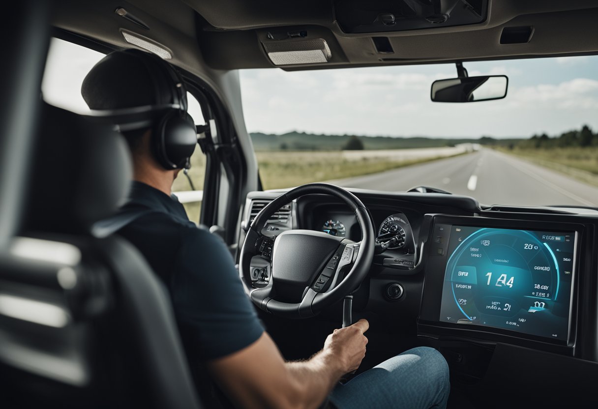 A trucker wearing a headset while driving, with a dashboard displaying full information. The driver is using the headset to maximize safety and communication while on the road