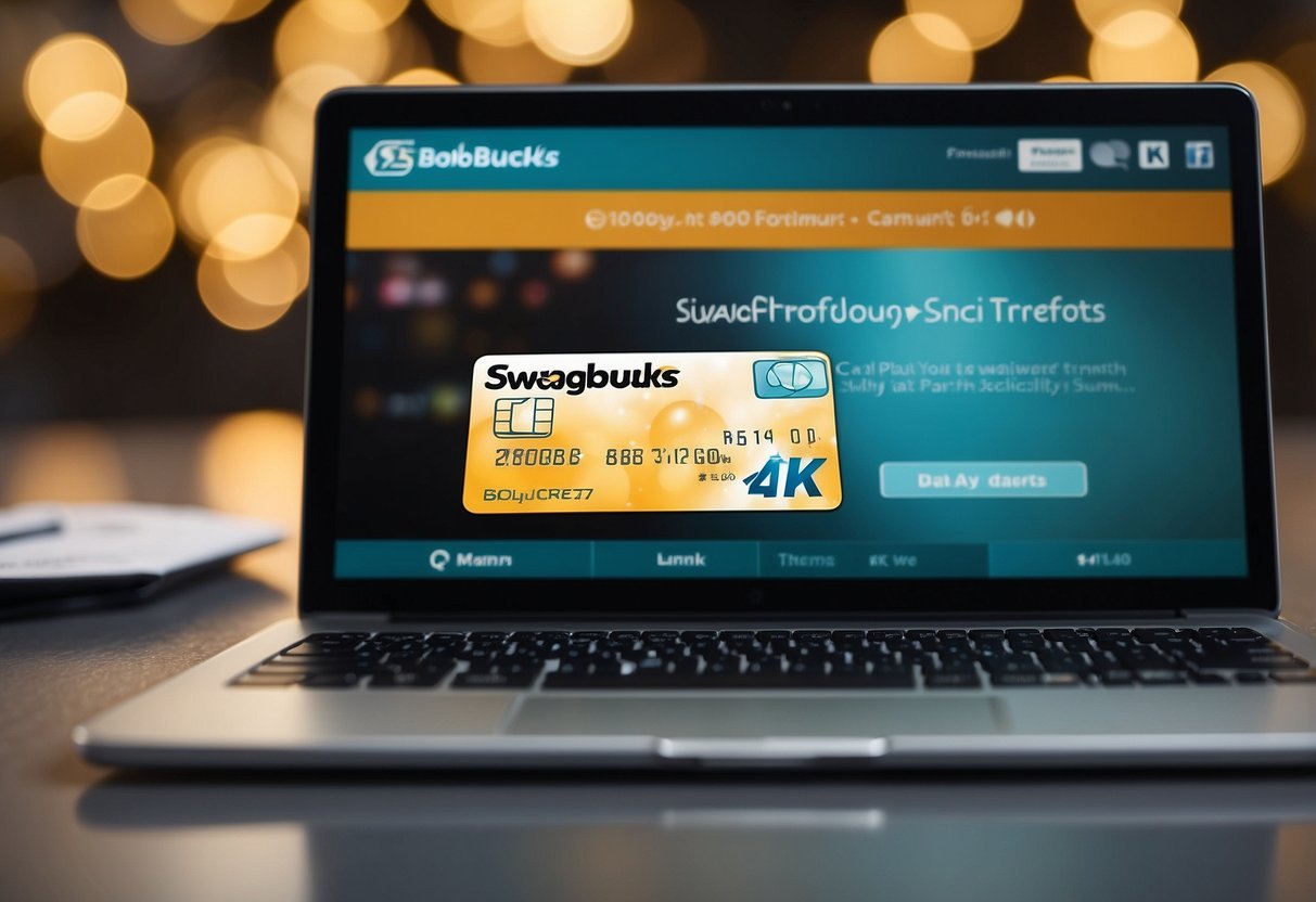 A laptop displaying Swagbucks homepage with a user earning points from surveys and shopping. A stack of gift cards and cash symbolize rewards