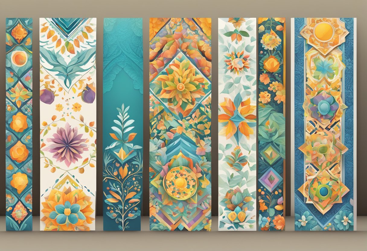 Multiple wall banners hang, varying in sizes, from small rectangular ones to large square ones, each displaying vibrant colors and intricate designs