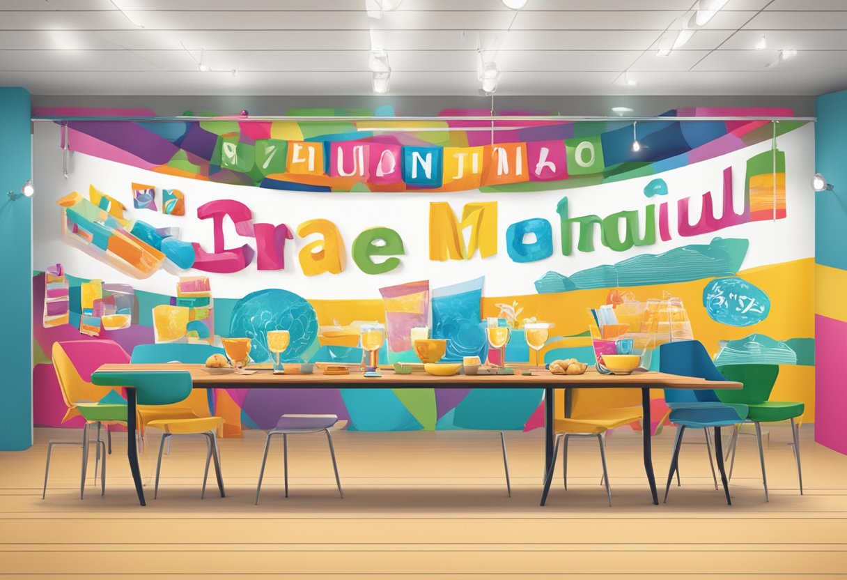 A large wall banner hangs above a table, showcasing various sizes and designs. Bright colors and bold lettering catch the eye