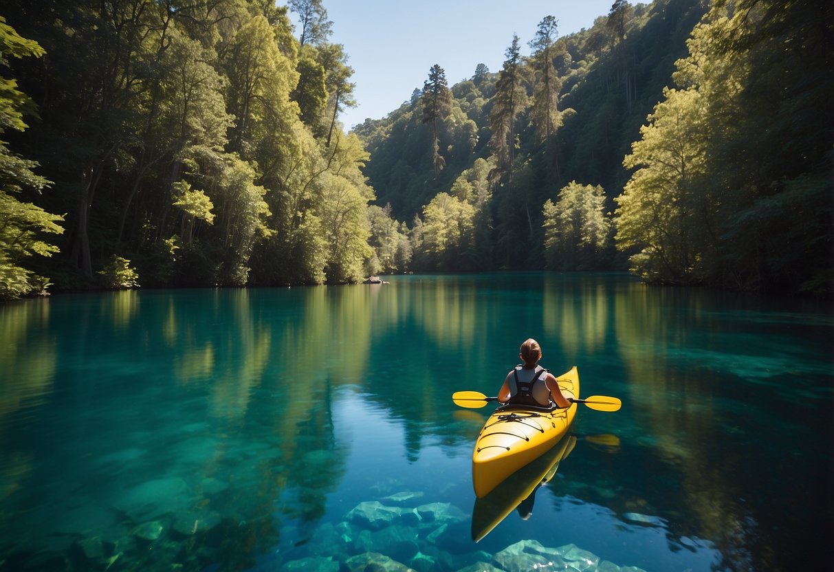 Kayak glides on tranquil Crystal River, surrounded by lush greenery and clear blue water. Sunlight sparkles on the surface, creating a serene and picturesque scene