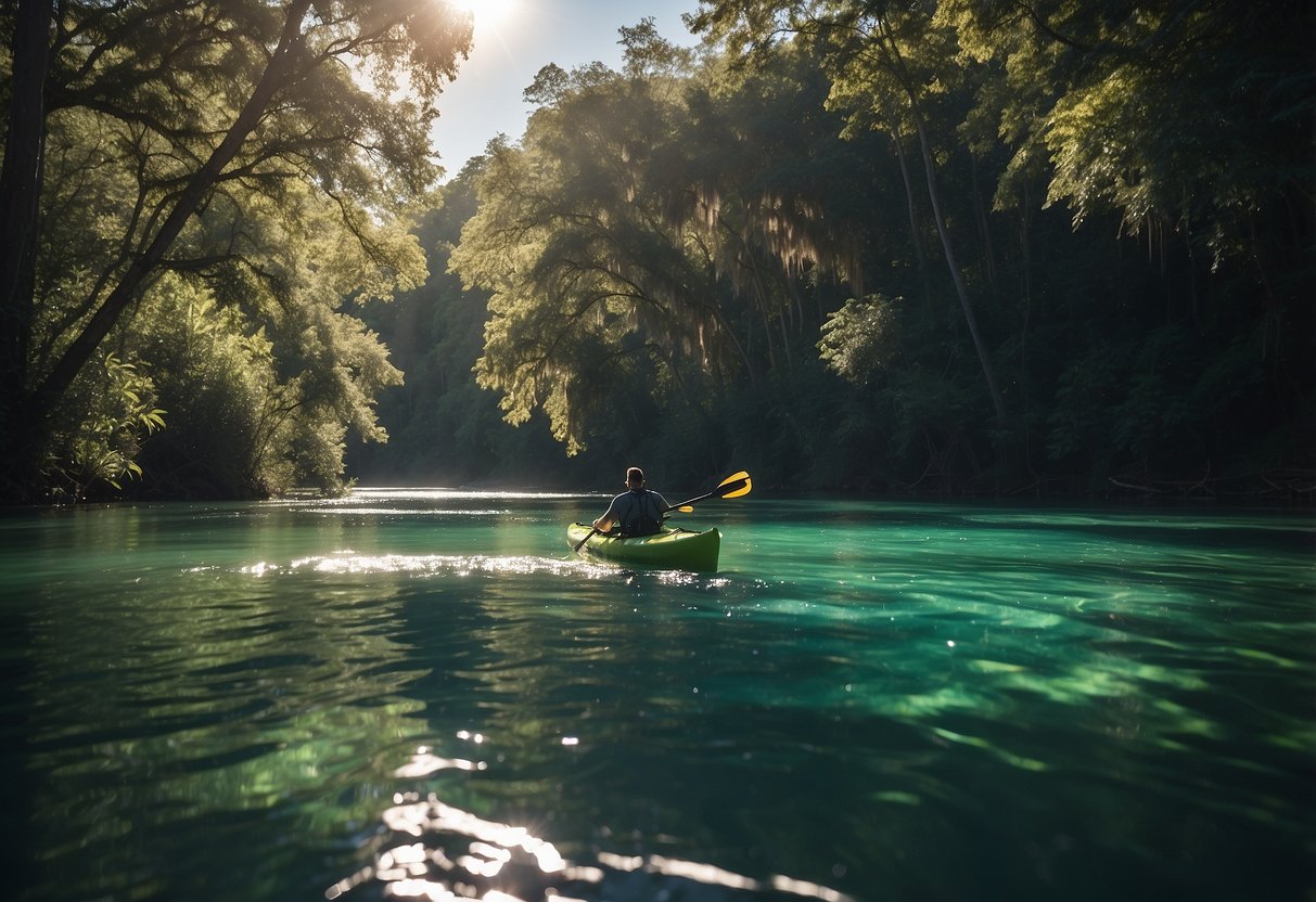 Crystal River flows gently, surrounded by lush greenery. A kayaker paddles through clear waters, with sunlight reflecting off the surface