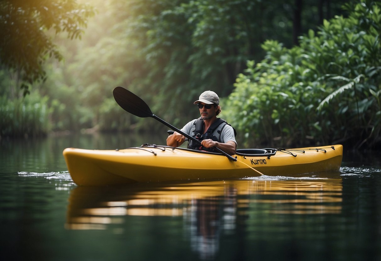 A kayak glides along the tranquil waters of Crystal River, surrounded by lush greenery and the occasional glimpse of wildlife