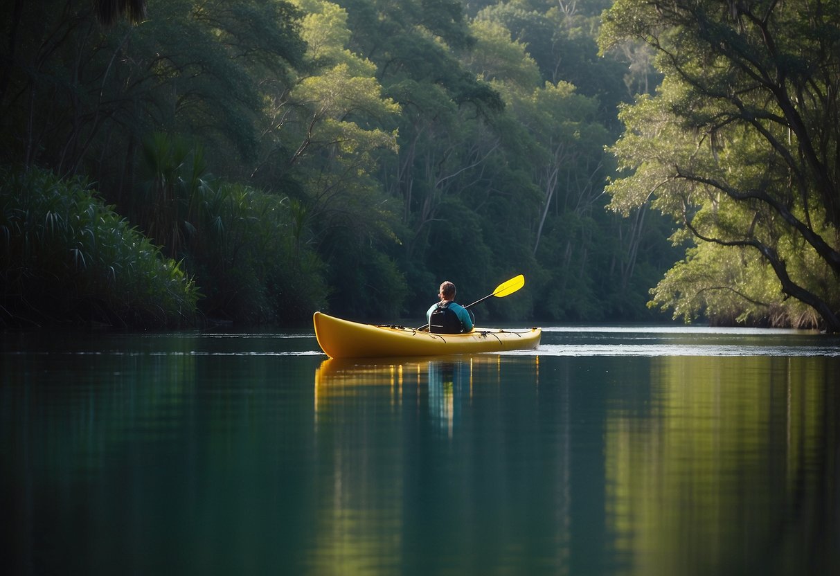 A kayak glides along the tranquil waters of Crystal River, surrounded by lush greenery and the occasional glimpse of wildlife