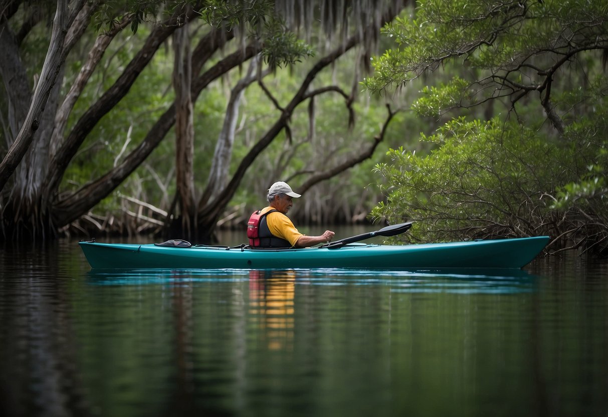 Kayak glides through calm waters, surrounded by lush mangroves and colorful birds in Cedar Key