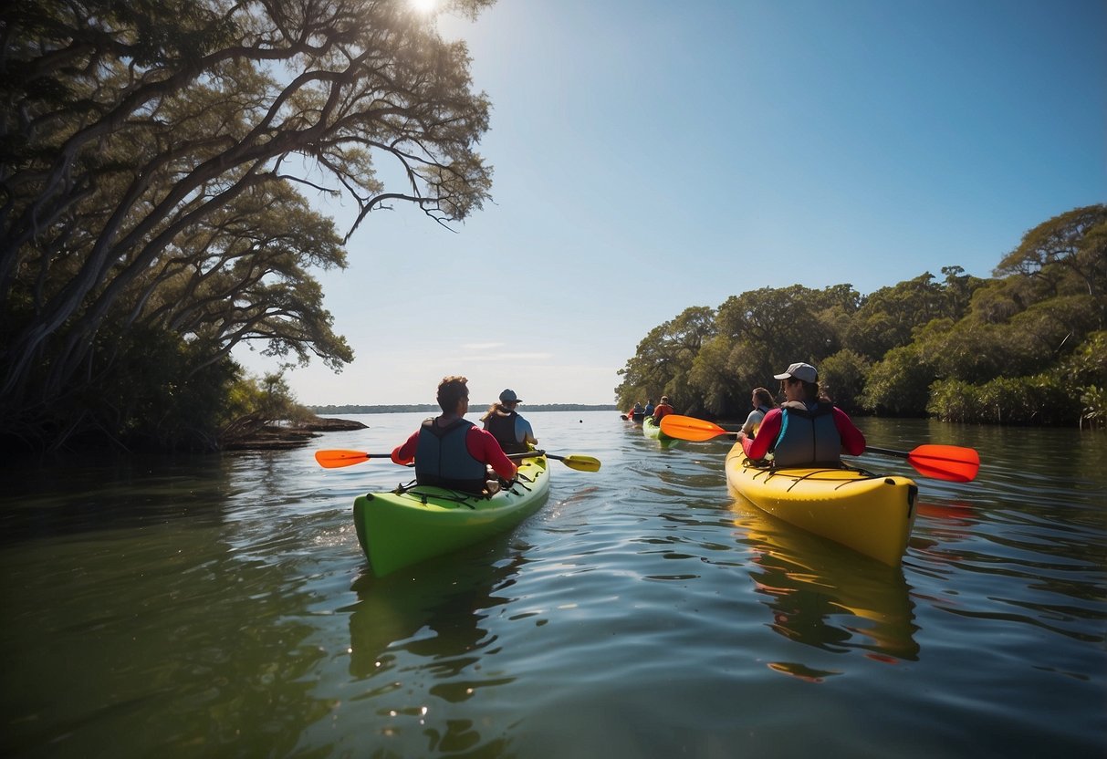 A group of kayakers paddle through the calm waters of Cedar Key, surrounded by the lush greenery and coastal beauty of the area