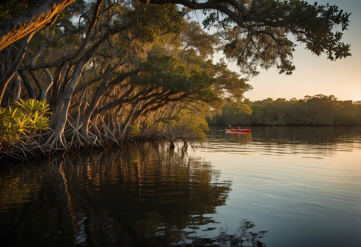 A calm river winds through lush mangroves, as the warm sun sets over Cedar Key. A lone kayak glides through the peaceful waters, surrounded by the vibrant colors of the best kayaking season