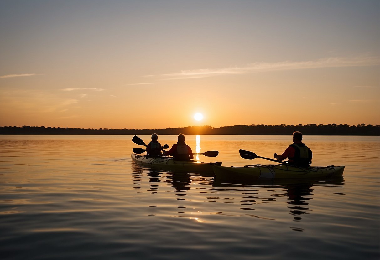 Kayakers navigate calm waters near Cedar Key, wearing life jackets and adhering to safety guidelines. The sun sets behind the horizon, casting a warm glow over the serene scene