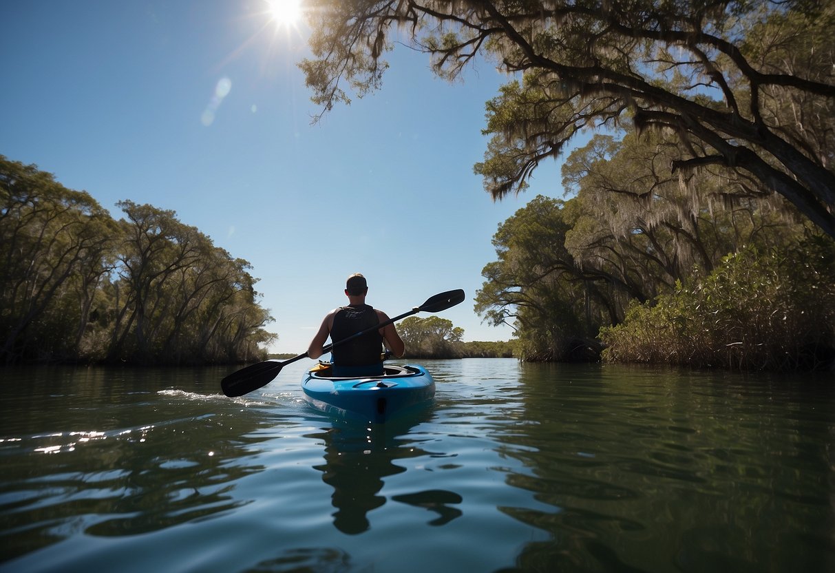 A kayaker navigates through calm waters near Cedar Key, surrounded by lush greenery and clear blue skies. A kayak training class is in session nearby