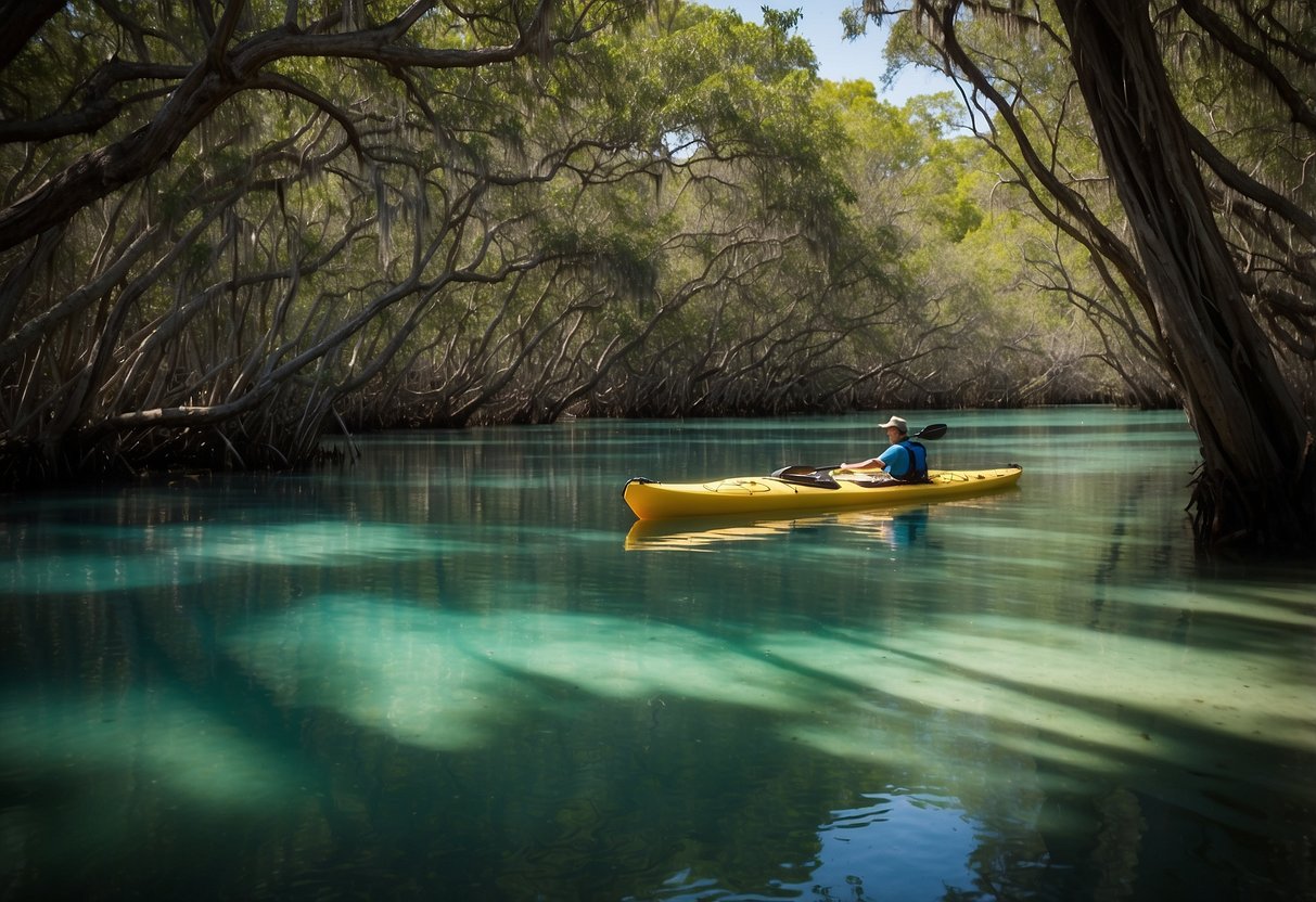 Kayaks glide through crystal-clear waters, surrounded by lush mangroves and diverse wildlife. The serene beauty of Cedar Key's conservation area is a testament to environmental preservation