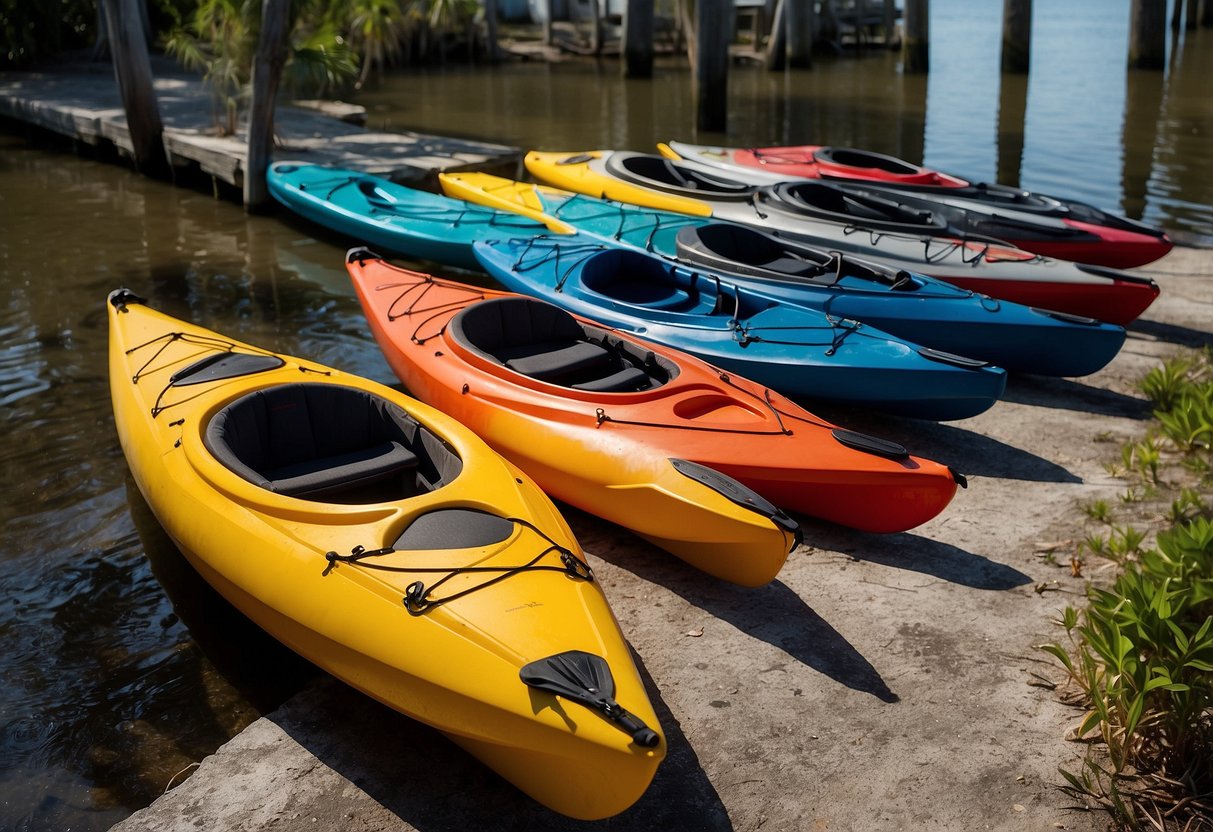 Kayaks lined up at the designated access points in Cedar Key, complying with local regulations for safe and responsible kayaking