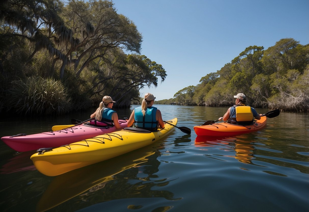 A group of kayakers paddle through the calm waters of Cedar Key, surrounded by lush greenery and colorful waterfront communities