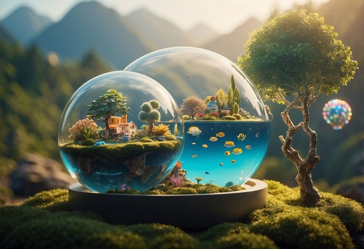 A colorful, whimsical world with floating islands, friendly creatures, and magical plants, all surrounded by a glowing, ethereal light