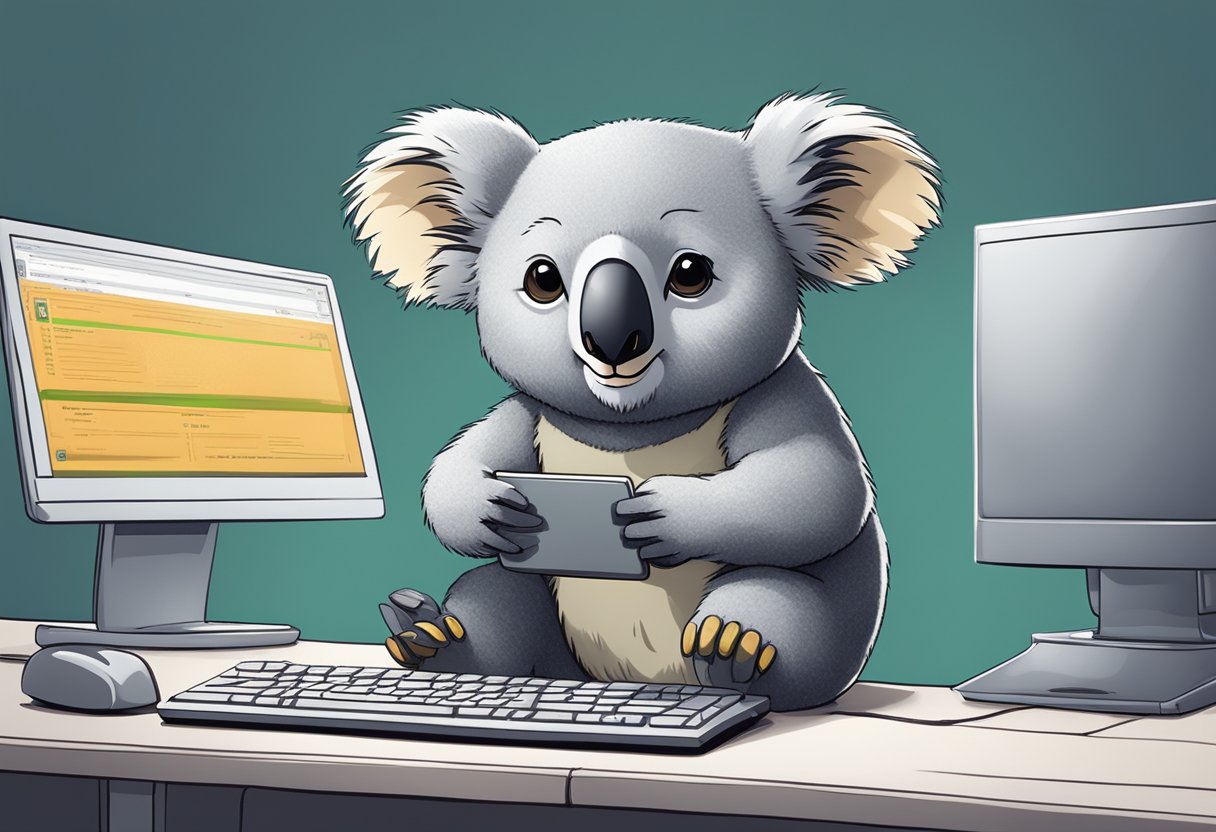 A koala sits at a computer, typing on a keyboard with a determined expression. The screen displays "KoalaWriter 10 Artificial Intelligence for SEO Text Writing."