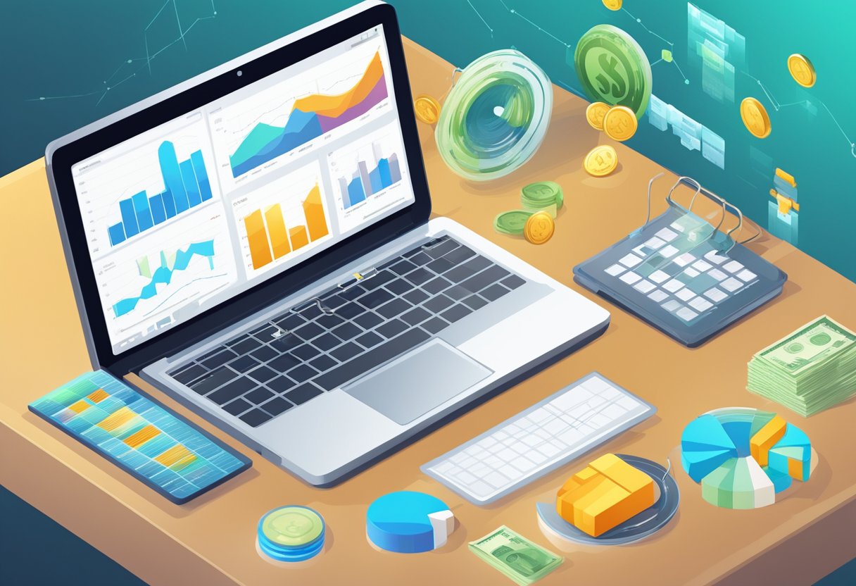 A table with 8 different monetization options displayed on a laptop screen, surrounded by various financial symbols and charts