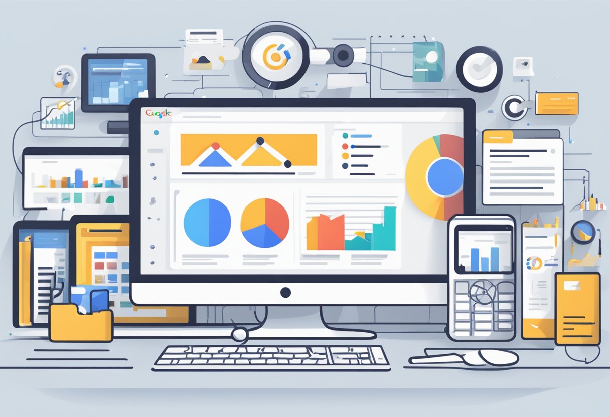 A computer screen with the Google Search Console homepage displayed, surrounded by various SEO tools and resources