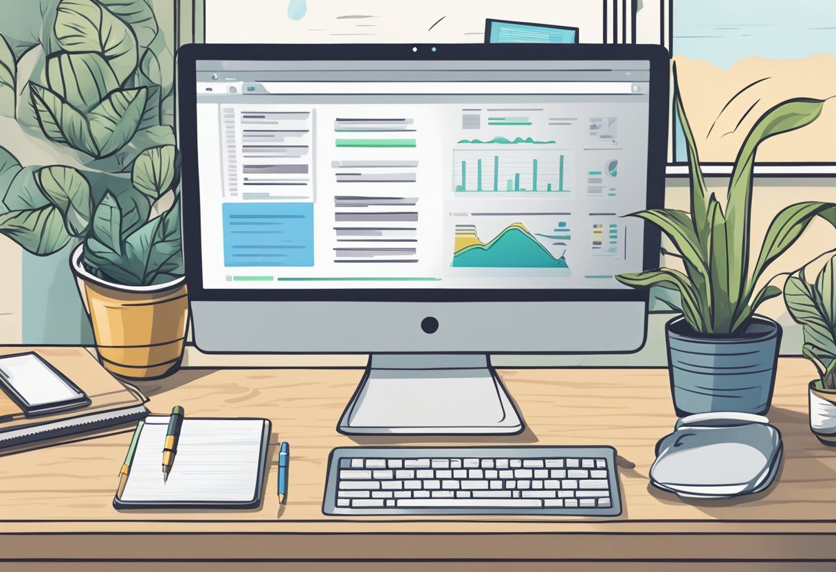 A computer screen displays the Keyword Surfer 15 Herramientas SEO Gratis website, surrounded by various SEO tools and a notepad with keyword research notes