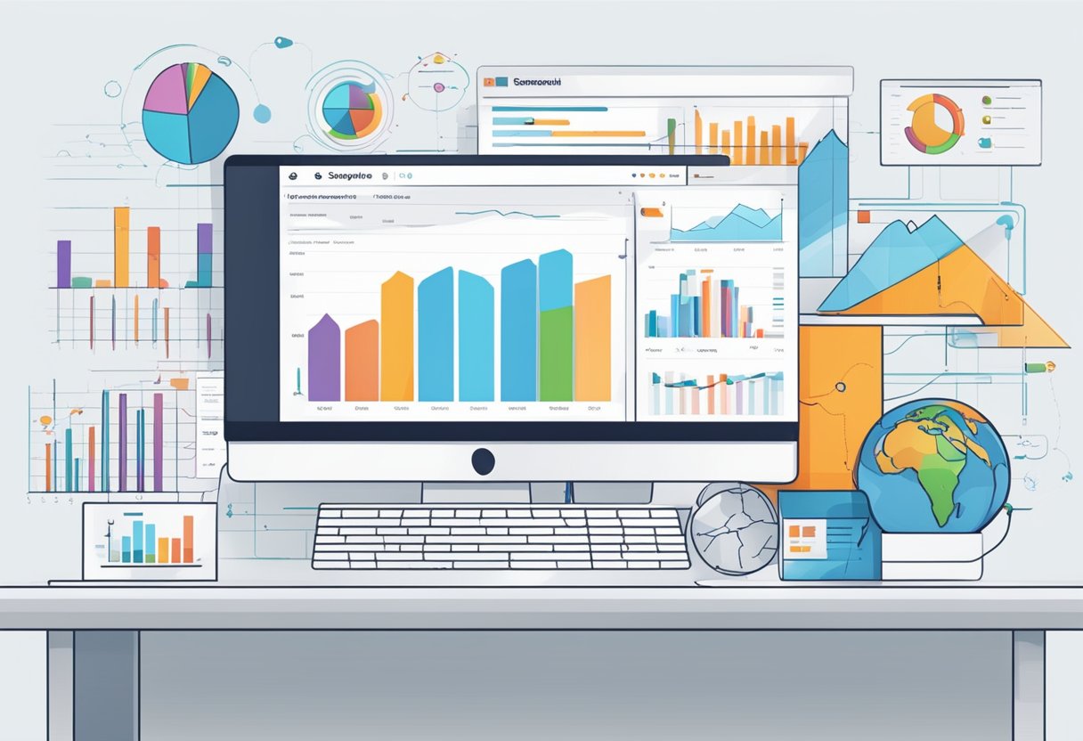 A computer screen displaying SEMrush's 15 free SEO tools, with various graphs and charts showing website performance and keyword rankings