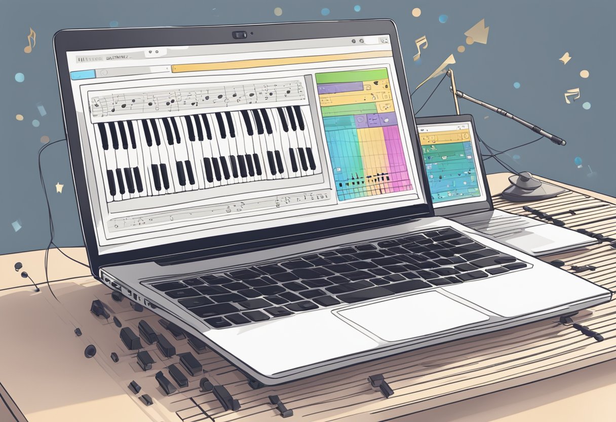 A laptop displaying a piano tutorial website, with a keyboard in the background and musical notes scattered around