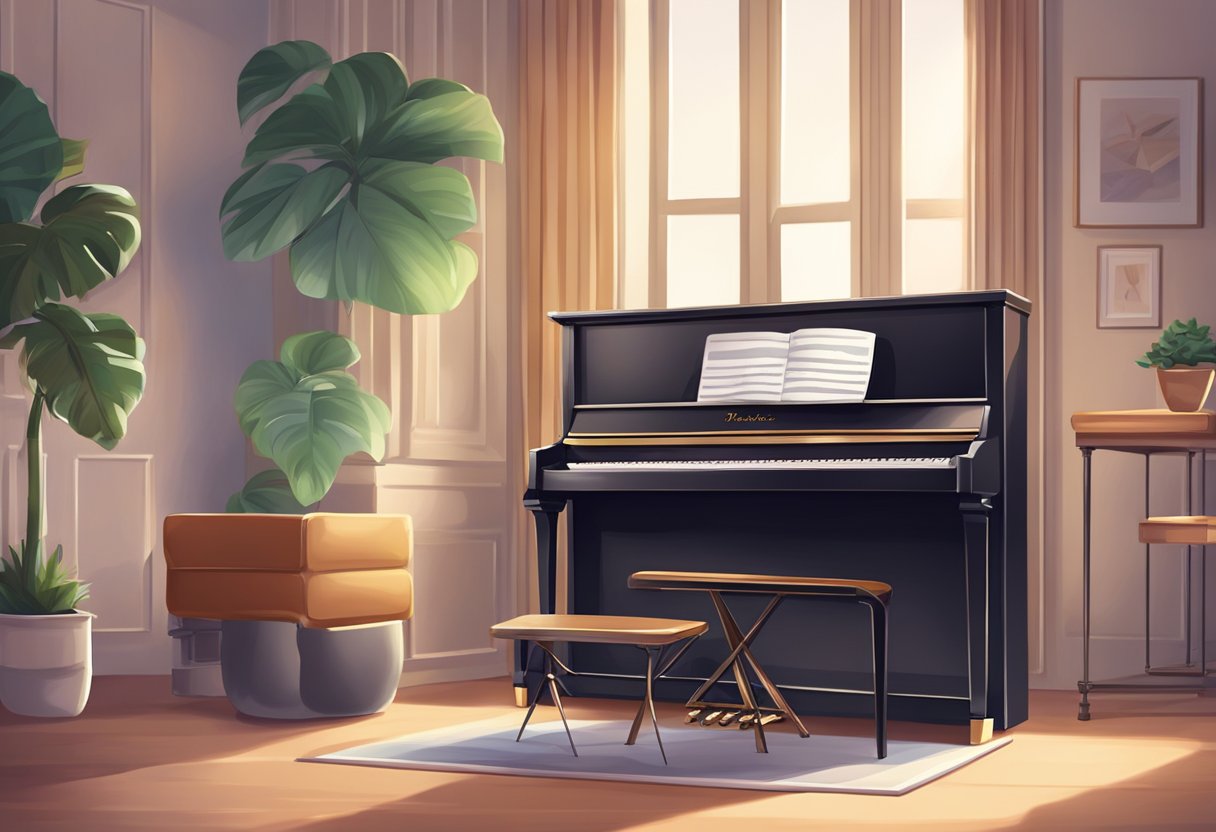 A piano with a laptop or tablet on the music stand, showing an online piano lesson. A comfortable chair and good lighting complete the scene