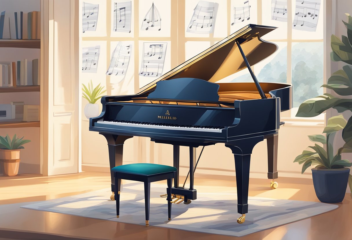 A grand piano sits in a sunlit room, surrounded by music sheets and a metronome. A laptop displaying an online piano course is open on the music stand